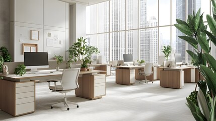 Modern office interior with desks, computers, and chairs, large windows showcasing a city skyline