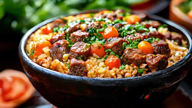 A traditional Saudi Arabian dish of beef kabsa served with flavorful rice, garnished with herbs and cherry tomatoes in a rustic clay bowl