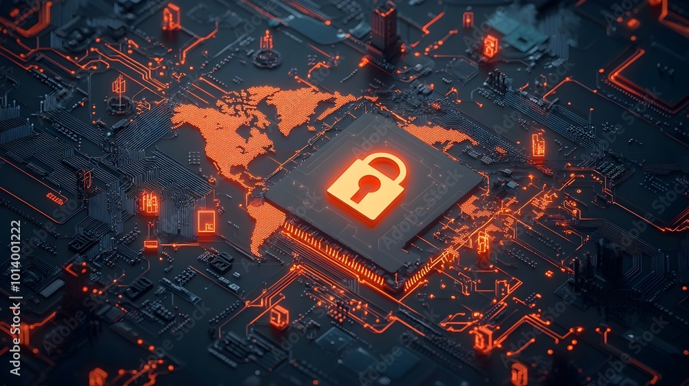 Aufkleber detailed digital circuit board world map with a padlock icon showcasing a locked down global digital
