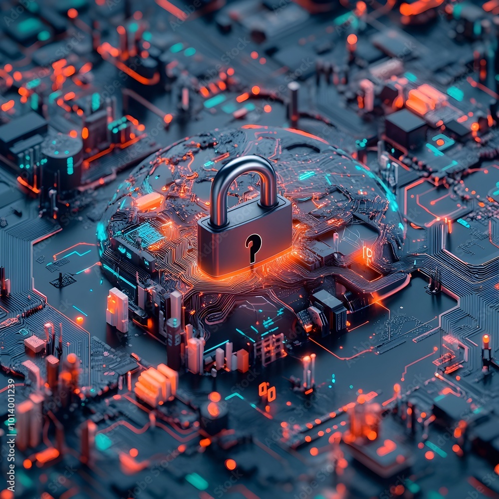 Poster dramatic 3d render of a locked padlock resting on a global world map with a futuristic circuit board