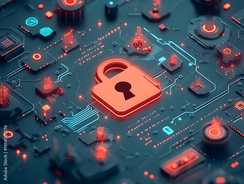 Poster encrypted digital domain with padlock symbol floating above holographic circuit board and global map