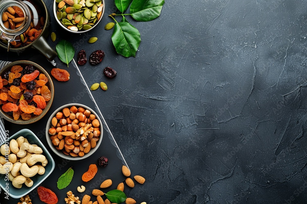 Poster an assortment of dried fruits and nuts displayed in bowls, showcasing vibrant colors against a dark 