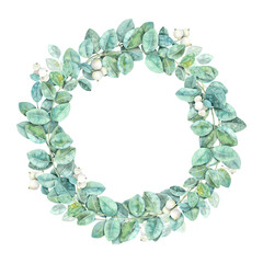 Leaves green, white berries botanical greenery drawn watercolor illustration frame round wreath. Isolated background. Decorative nature decor, decoration, invitation, wedding, greeting cards