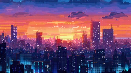 Obraz premium Pixelated Cityscape at Sunset: Vibrant Colors Reflecting Urban Skyline in Low-Res Art Style