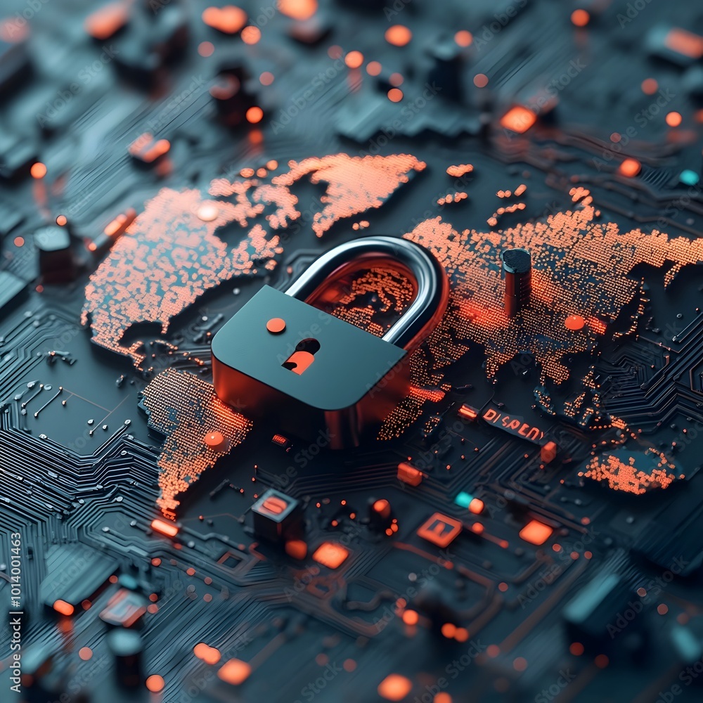 Aufkleber dramatic padlock resting on a globe of the world set against a backdrop of futuristic circuit board 
