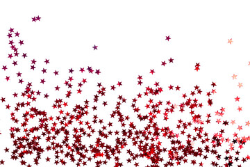Christmas background with small red glitter stars on white background.