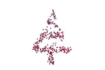 Christmas tree made of small red and pink stars on white background.