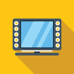 Tv set with lights around screen standing on yellow background is casting a long shadow