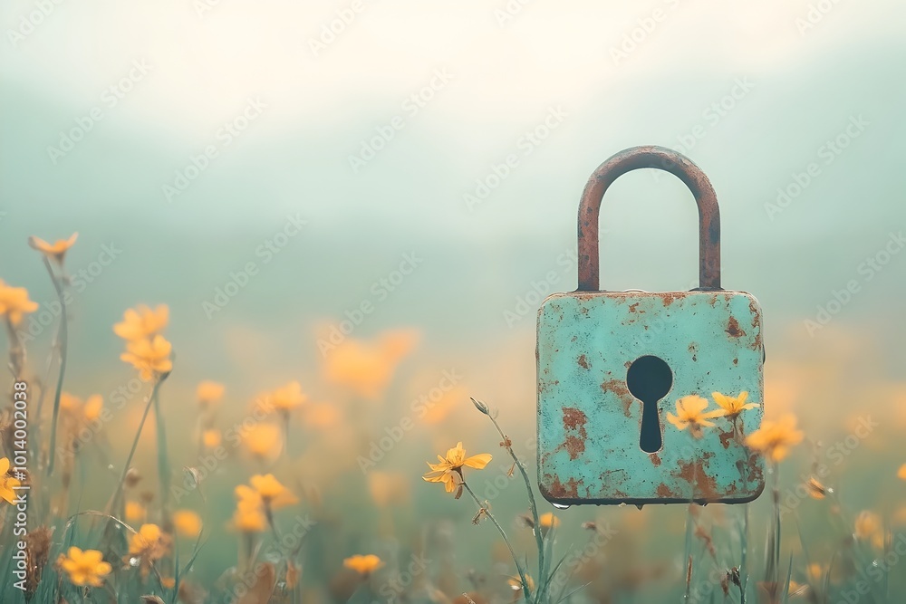 Poster a padlock suspended in a hazy fog filled landscape with a soft focus creating an impressionistic oil