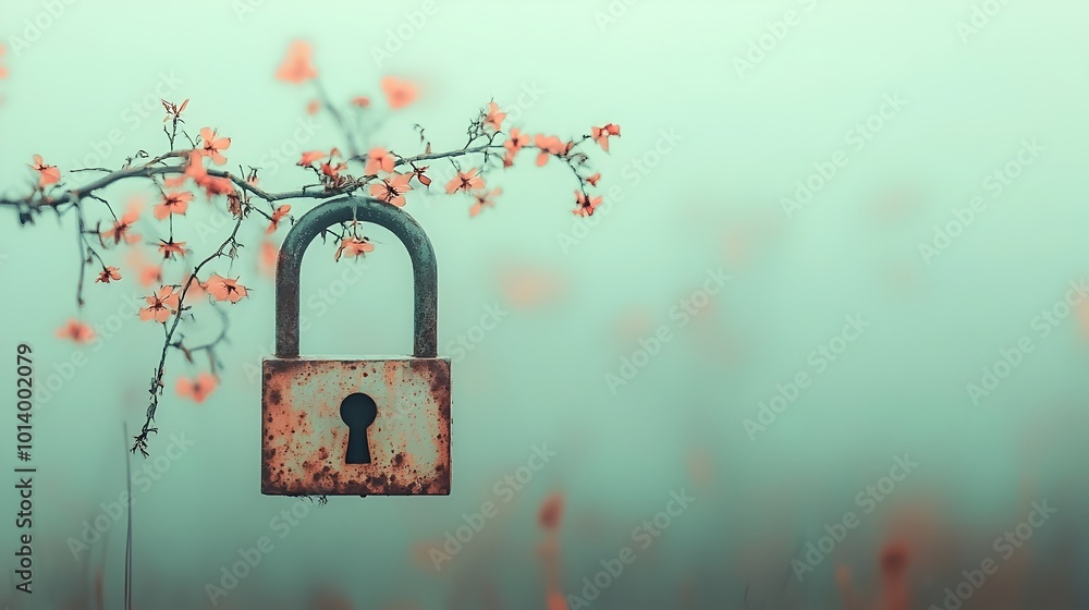 Poster a padlock enshrouded in a shimmering diaphanous veil of mist ethereal and enigmatic with a delicate 