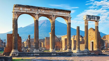 Fototapeta premium Ancient Roman ruins with Mount Vesuvius in the background.