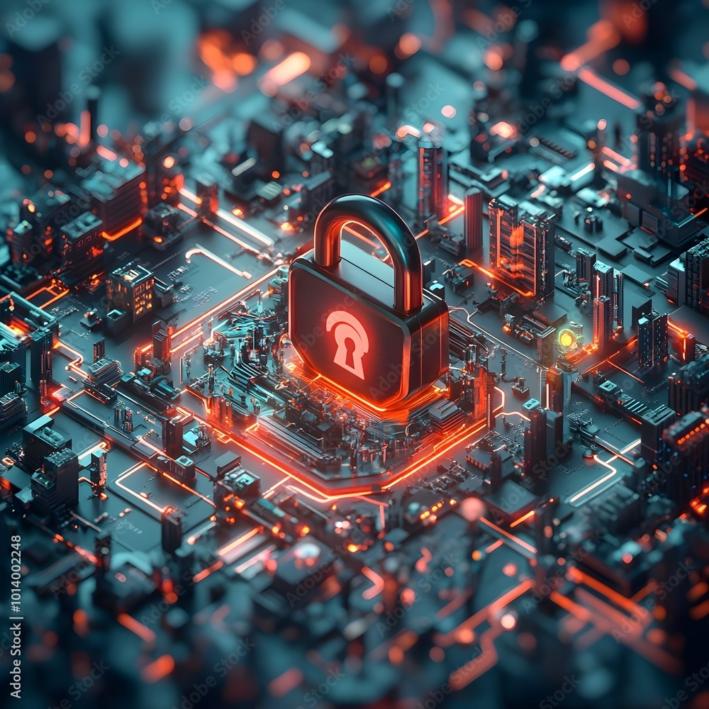 Poster futuristic padlock icon safeguarding a complex network of digital interconnectivity surrounded by in