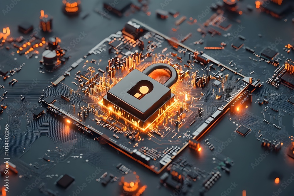 Poster integrated padlock icon on a global cartographic overlay merged with a high tech electronic circuit 