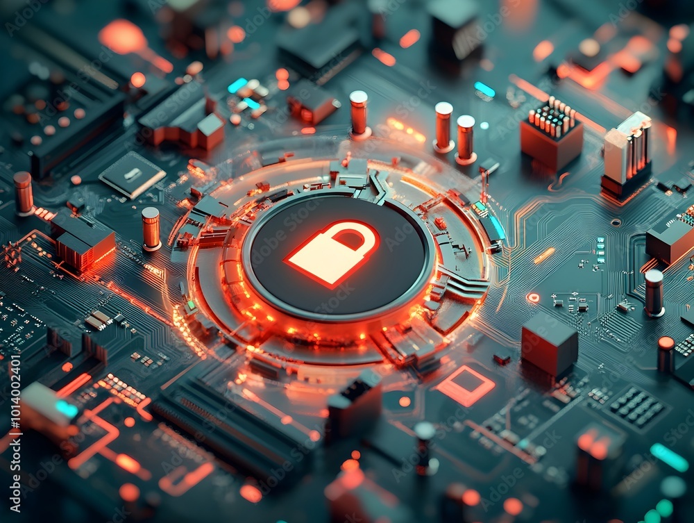 Poster digitally locked world with padlock symbol on globe motherboard elements electronic sensors and glow