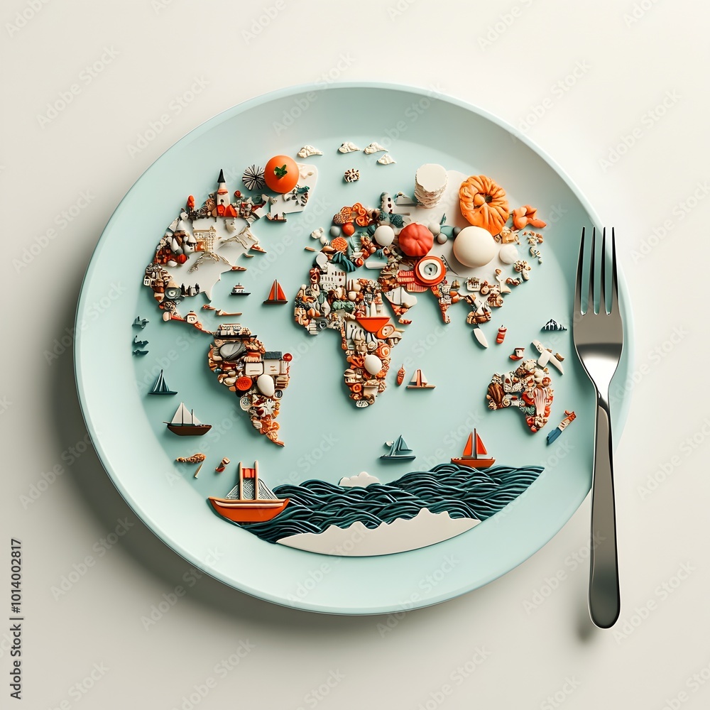 Poster culinary cartography a minimalist technical depicting a plate displaying a stylized map of the world
