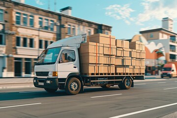 A large truck is driving down a street in front of a building, generative ai image