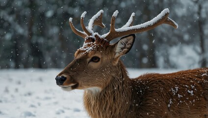 A deer in a red Santa hat standing in the snow.