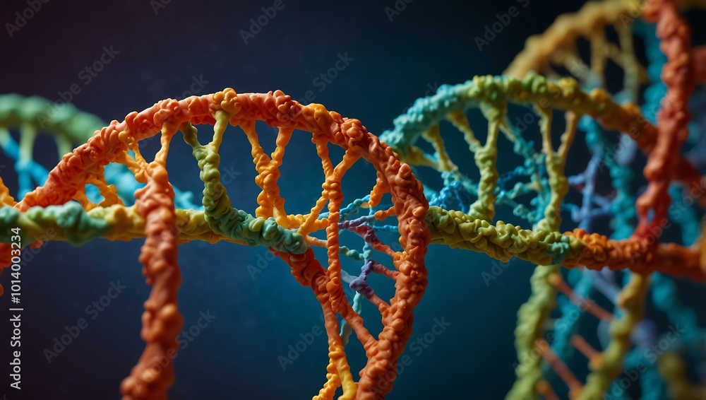 Poster a detailed close-up of a dna double helix model showcases intricate twists in a lab.