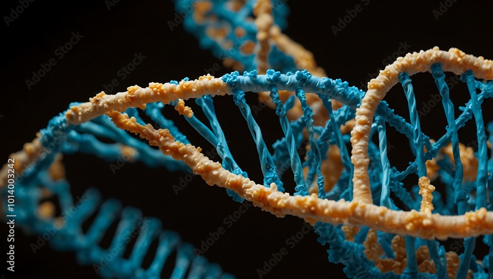 Poster a detailed close-up of a dna double helix model showcases intricate twists in a lab.