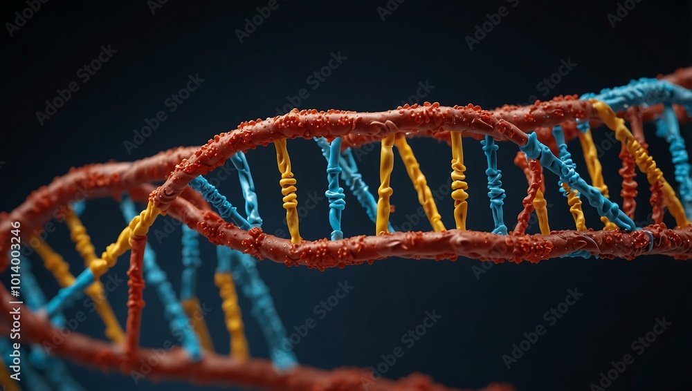 Poster a detailed close-up of a dna double helix model showcases intricate twists in a lab.