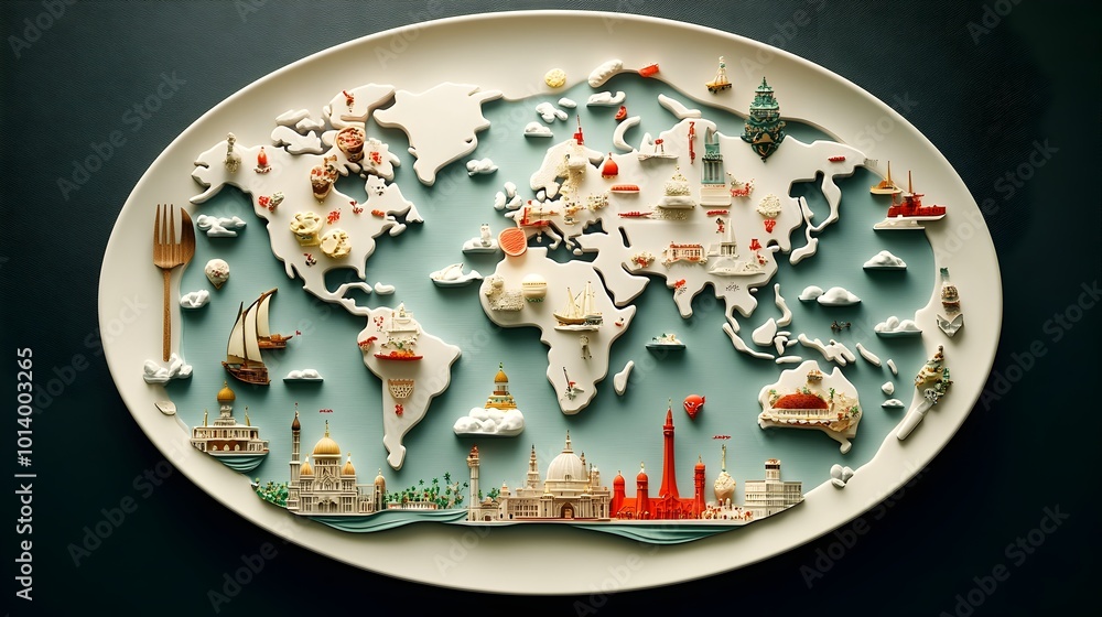 Poster global culinary tableau a visually striking plate featuring an artfully arranged world map and a har