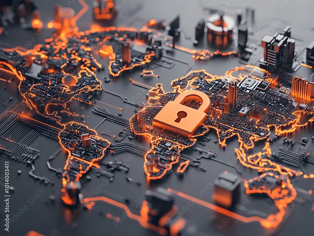Poster secure global digital infrastructure protecting data privacy padlock symbol over world map with embe