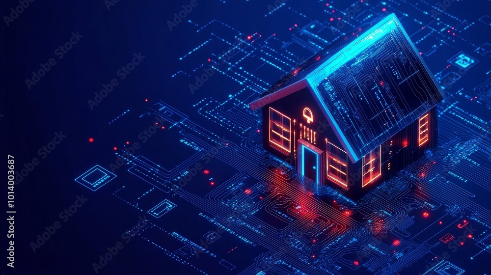 Poster smart home security system concept a 3d isometric house with digitized lights protected by cybersecu