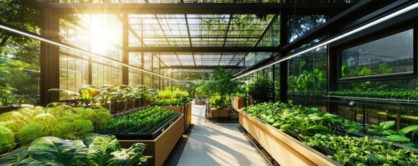 A modern botanical garden greenhouse with LED grow lights that simulate natural sunlight, promoting plant growth and visitor engagement