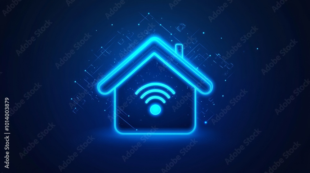 Poster smart home symbol on a blue background representing wireless technology a flatstyle vector illustrat