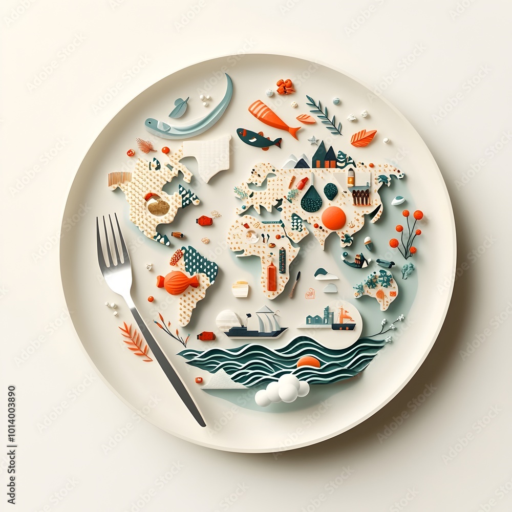 Poster culinary cartography a stylized world map rendered on a plate using various food ingredients and ele