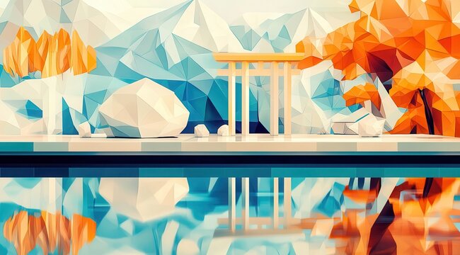 A vibrant landscape of stylized mountains and abstract trees reflecting in a serene body of water under a clear blue sky during daylight