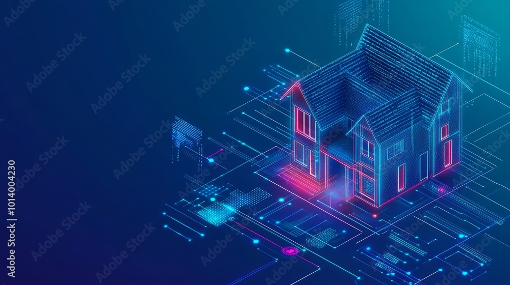Poster smart home system banner home design made up of digital codes connected to smart devices via cloud s