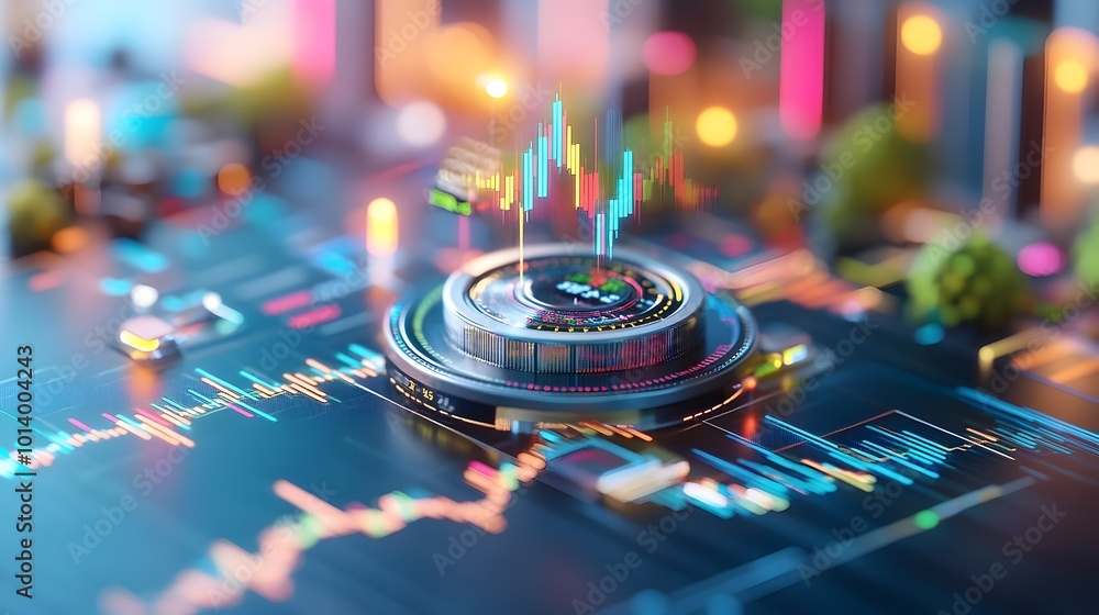 Poster detailed macro image of a blue market chart with comprehensive financial statistics and technical an
