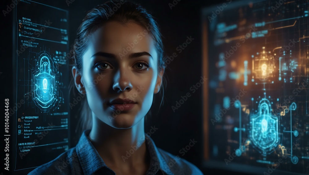 Poster a friendly cybersecurity tech portrait features a glowing holographic interface.