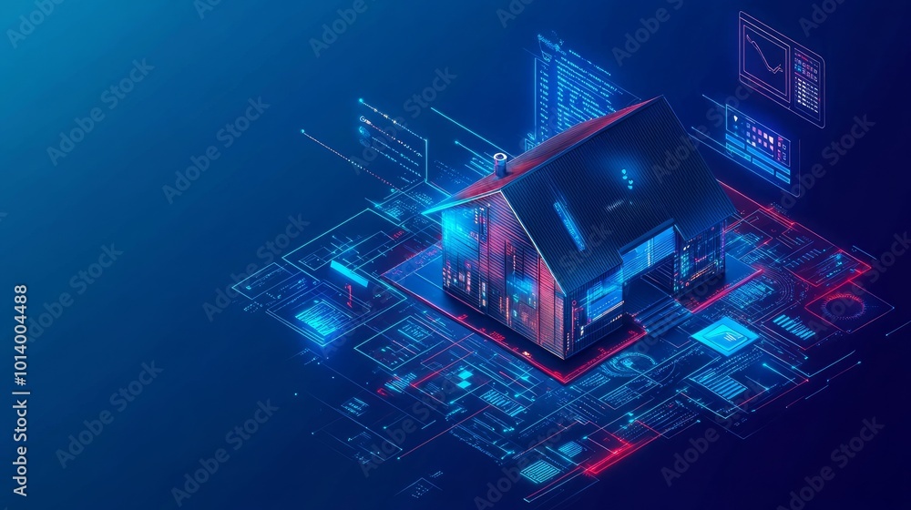 Poster smart home system banner home design made up of digital codes connected to smart devices via cloud s