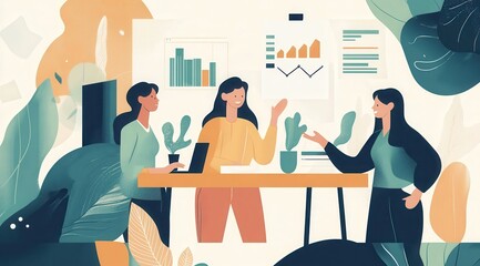 A vibrant illustration of diverse business professionals engaging in a virtual meeting, discussing global market trends with digital graphs and chart cartoon style