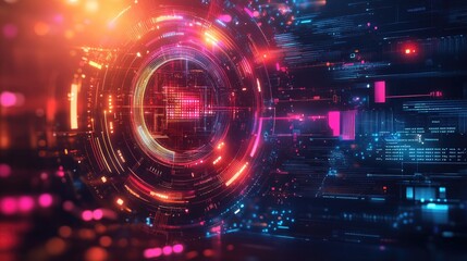 Obraz premium Futuristic Digital Technology Background with Vibrant Circuit Elements and Data Visualization
