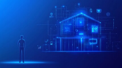 Smart home technology banner A house made of digital codes connected to smart domestic devices System for intelligent control of homes with IoT tech on a blue background