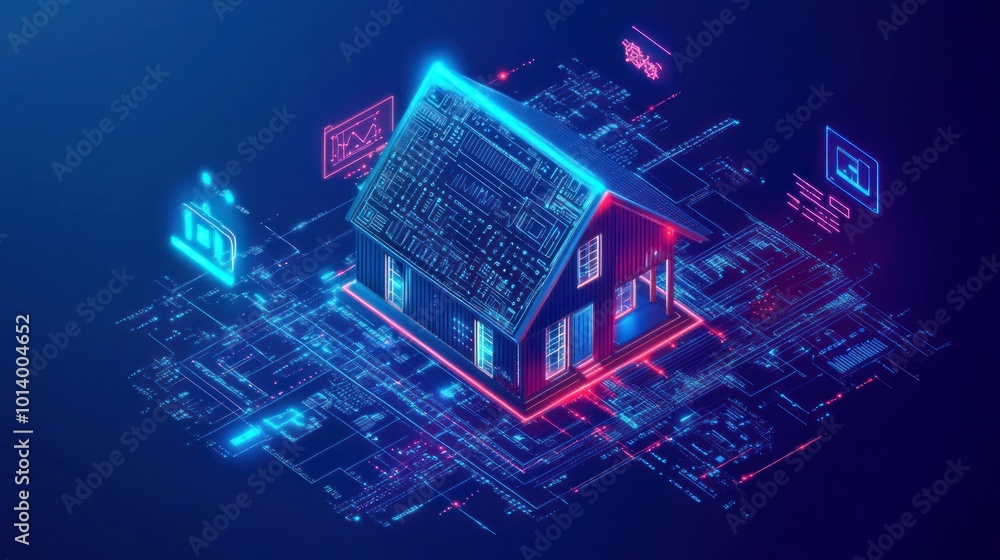 Poster smart home system banner home design made up of digital codes connected to smart devices via cloud s