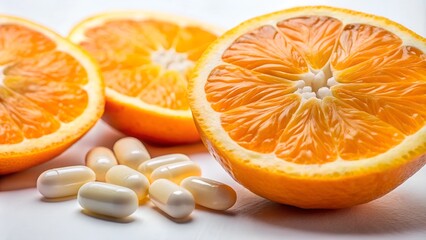 Fototapeta premium Close-up of fresh orange slices and vitamin C pills on a white background for health and nutrition