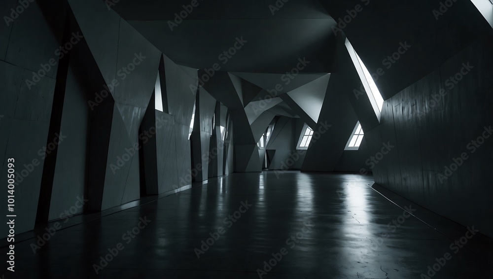 Poster a geometric corridor with triangular walls leading to bright light.