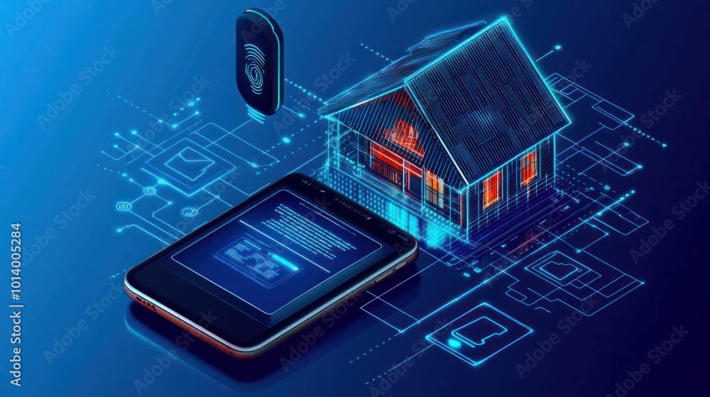 Poster smart home technology on smartphone screen isometric digital house with iot access through fingerpri