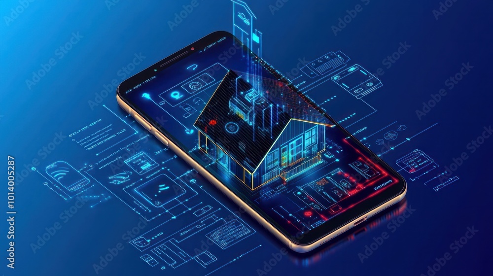 Poster smart home technology on smartphone screen isometric digital house with iot access through fingerpri
