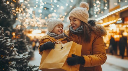 Joyful holiday shopping experience in a festive winter market, where a mother and her young child smile while holding gifts amidst twinkling lights and Christmas decorations