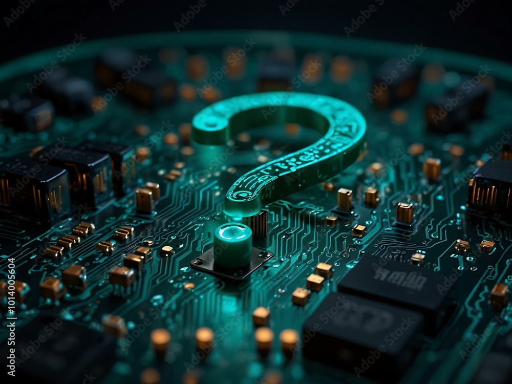 Poster a glowing question mark on a digital circuit board.