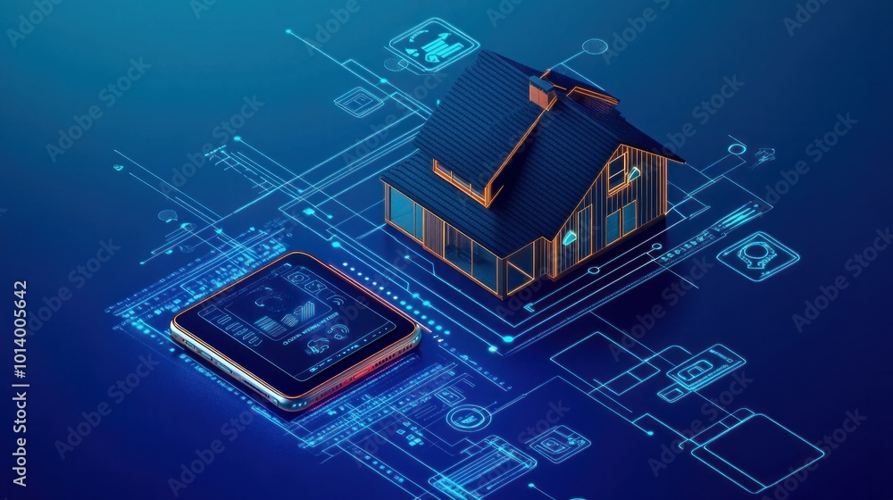 Poster smart home technology on smartphone screen isometric digital house with iot access through fingerpri