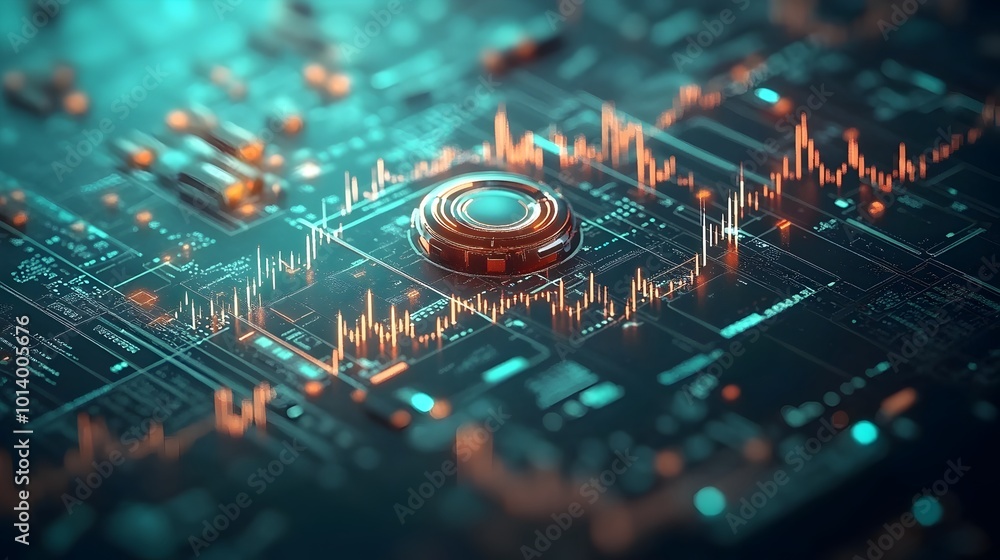 Poster macro close up of a shimmering blue market investment trading chart analyzing data through intricate