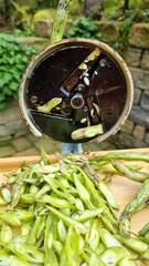 Old technology in the household. Bean cutter for slicing beans