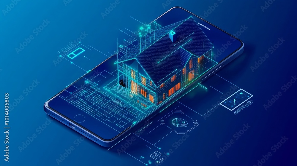 Poster smart home technology on smartphone screen isometric digital house with iot access through fingerpri