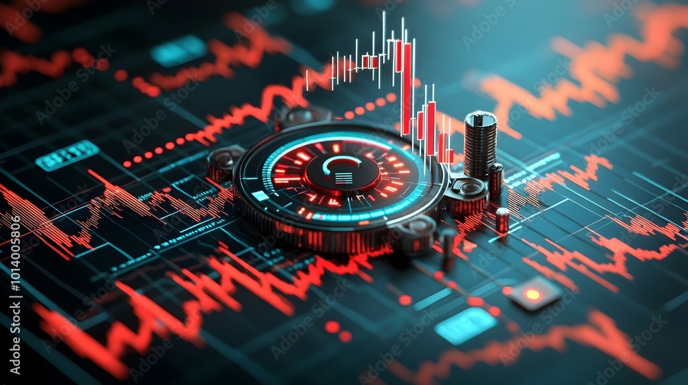 Poster detailed macro shot of a dynamic blue trading chart analyzing market data through precise candlestic